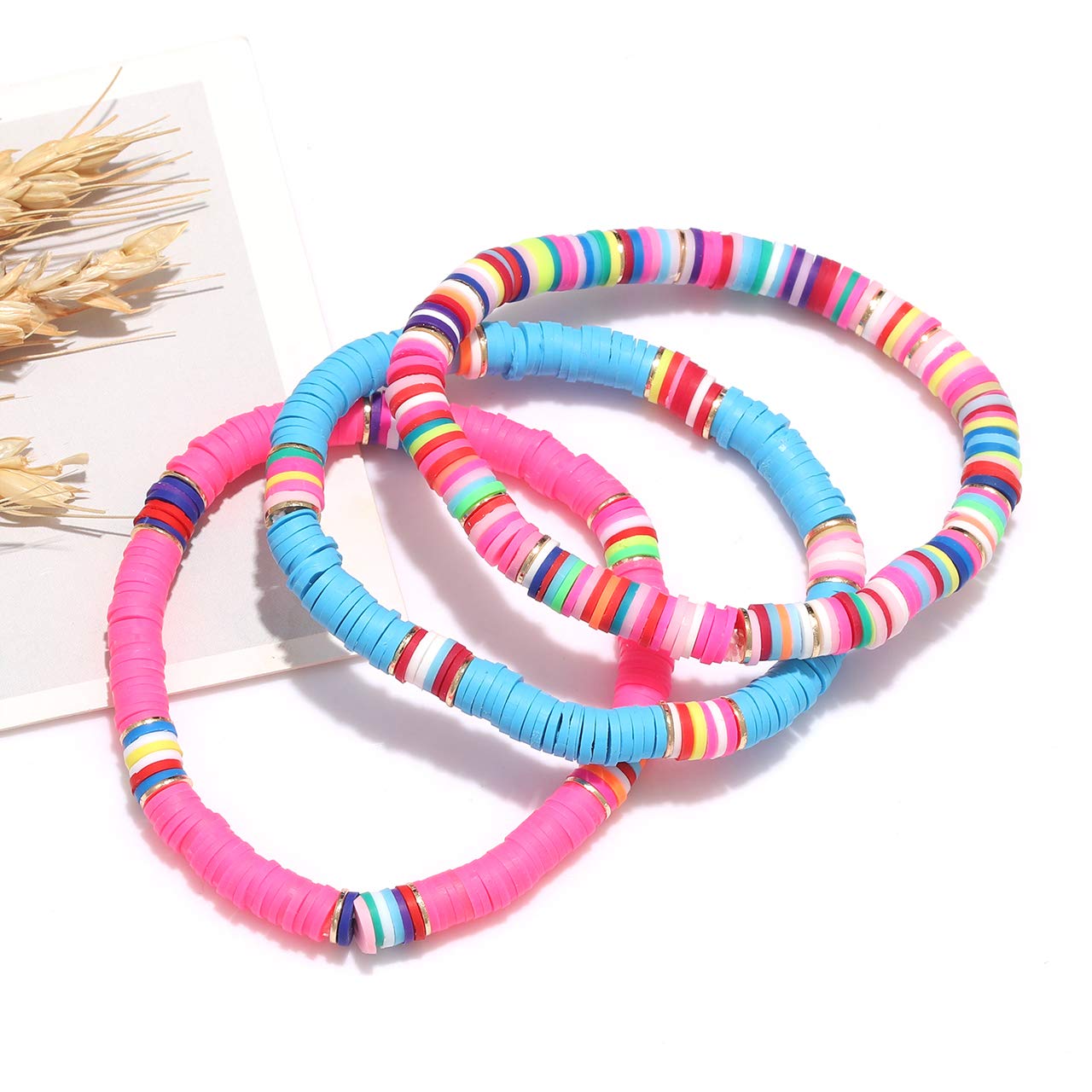 Surfer Heishi Bracelets for Women - Stackable Rainbow Vinyl Disc Clay Beaded Stretch Bracelets - Elastic Layering Friendship Jewelry - Boho Summer Beach Accessories - Perfect for Surfing, Music Festivals, and Vacation Outfits
