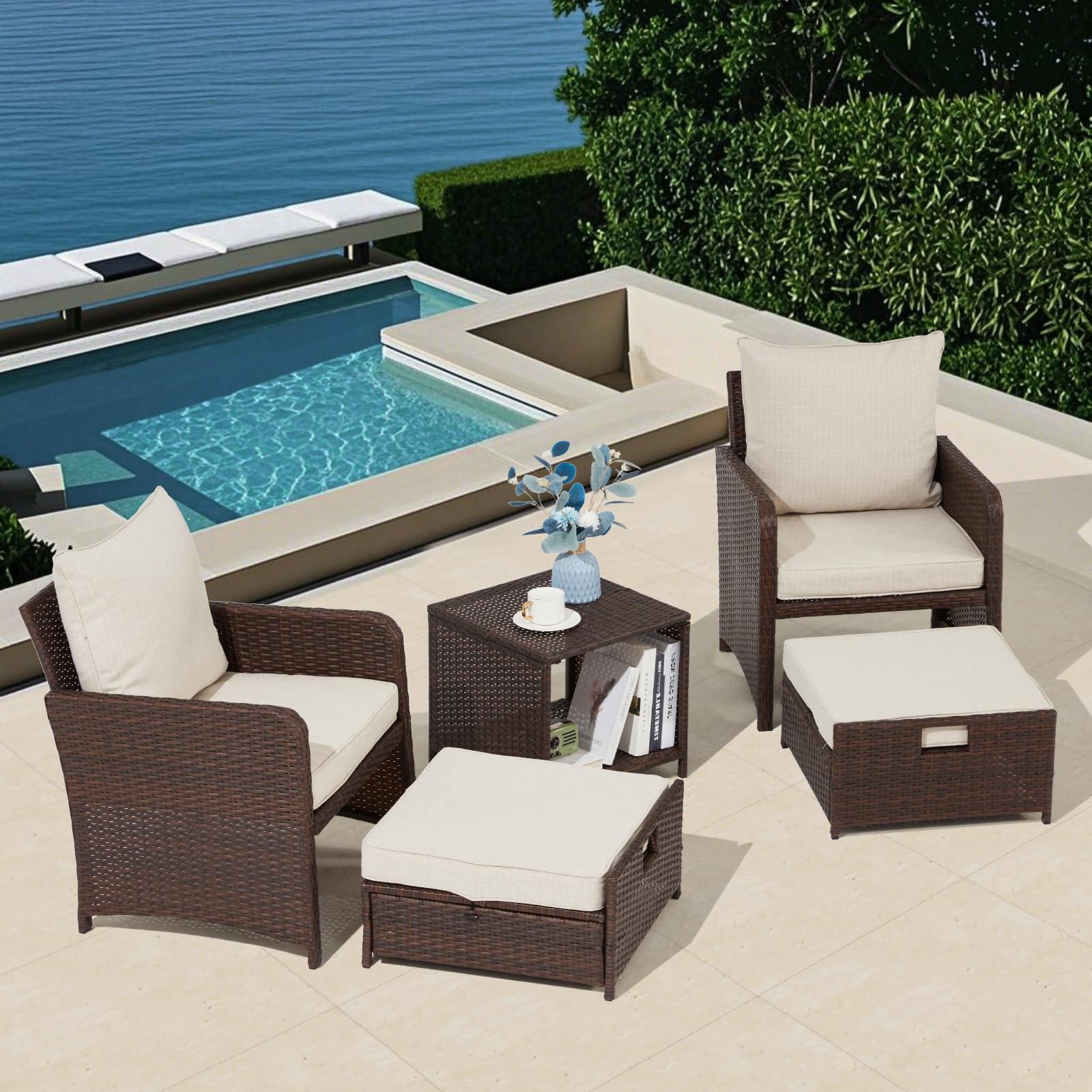 5-Piece Rattan Wicker Patio Bistro Set with Table & Ottomans - Brown & Beige Balcony Furniture for Small Outdoor Spaces | Perfect for Garden, Poolside, Backyard & Apartment Patios