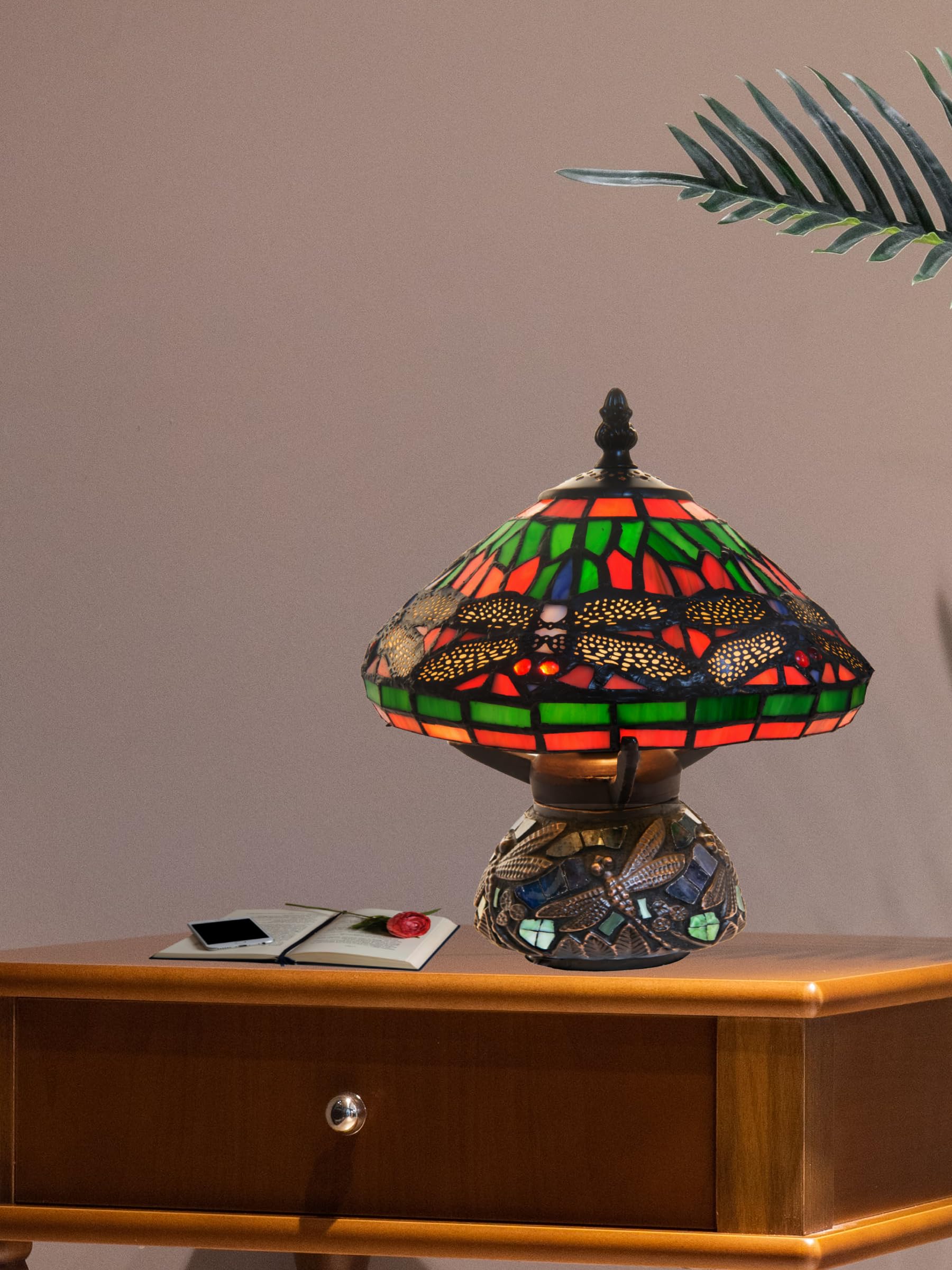 Dale Tiffany 8774 Red Dragonfly Accent Lamp - Handcrafted Bronze Table Lamp for Home Decor, Bedroom, Living Room, Office - Stained Glass Tiffany-Style Lighting Fixture