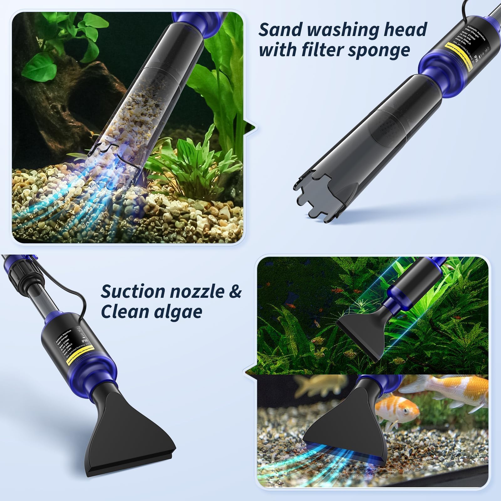Electric Aquarium Gravel Cleaner Vacuum - 530GPH/32W Powerful Fish Tank Cleaner with Adjustable Water Flow, Complete Aquarium Cleaning Kit for Water Changing & Sand Washing - Perfect for Freshwater & Saltwater Tanks