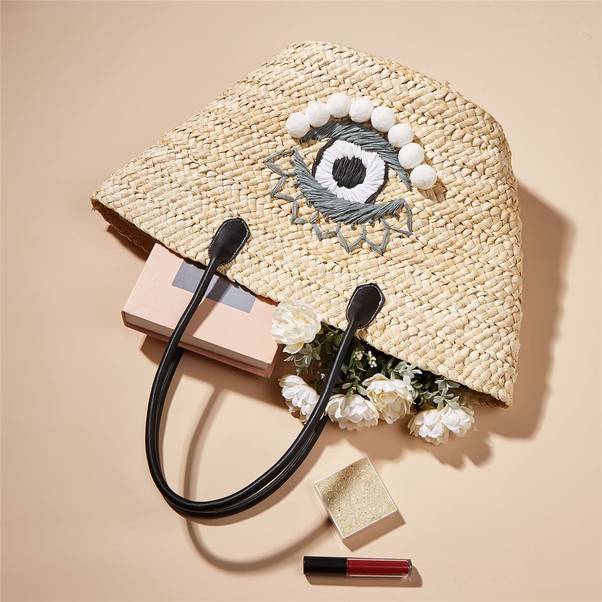 Stylish Hand-Woven Straw Beach Bag for Women - Large Evil Eye Retro Rattan Shoulder & Crossbody Purse (Beige) | Perfect for Summer Vacations, Pool Parties & Boho Fashion