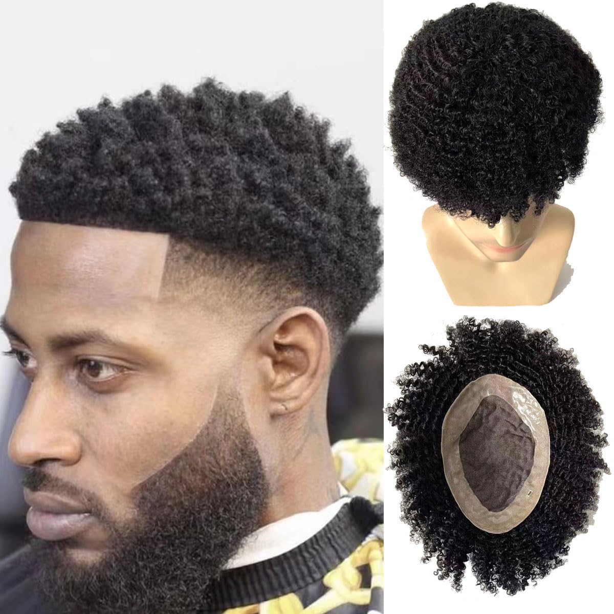 Men's Mono Lace Toupee with PU Edge - Curly Human Hair System for Male Hair Replacement (10mm 1B Natural Black, 5x7 Inch) - Perfect for Daily Wear, Special Occasions & Hair Loss Solutions
