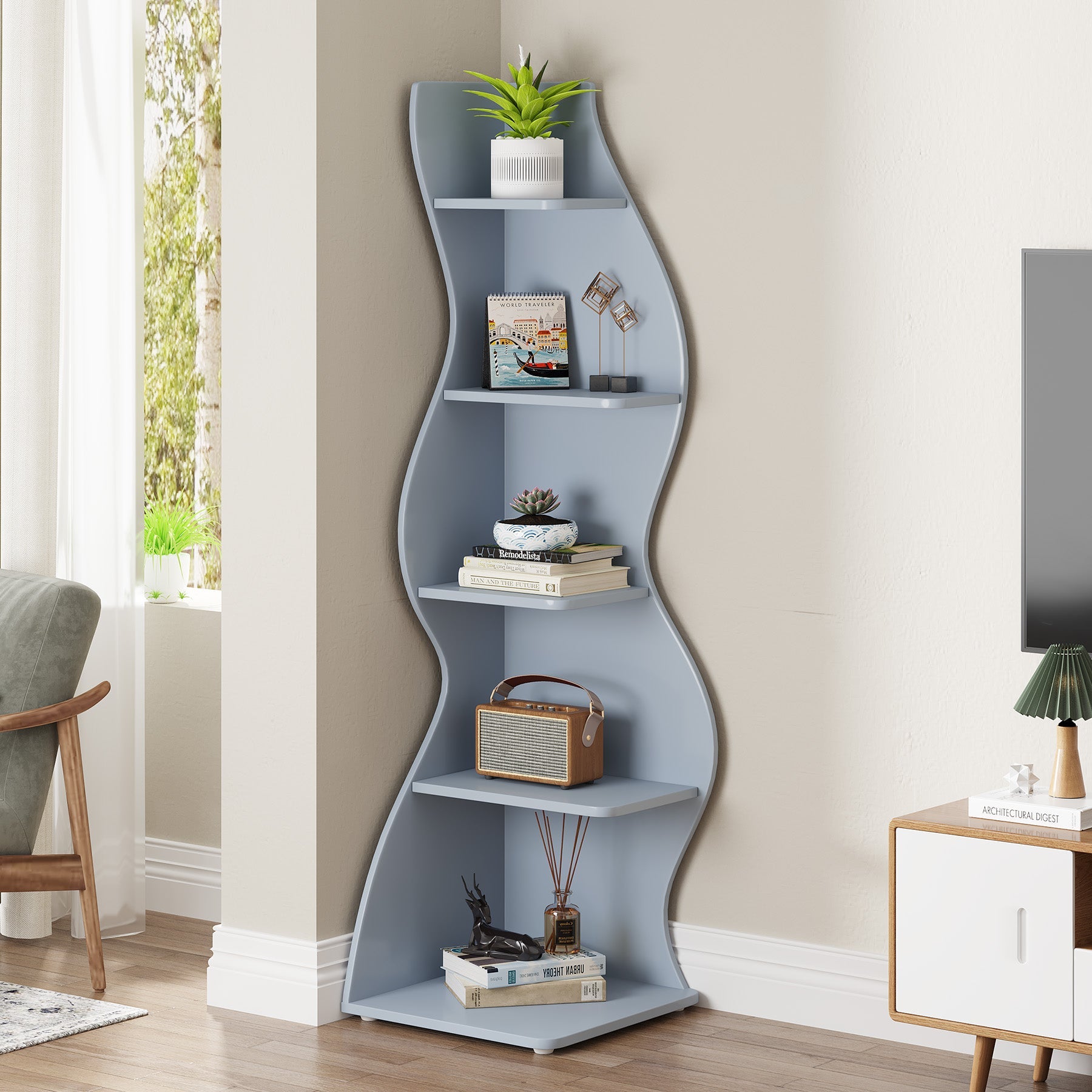 5 Tier Corner Shelf - Modern Wall Corner Bookshelf Bookcase for Living Room, Bedroom, Office - Space Saving Storage Solution for Books, Plants & Decor