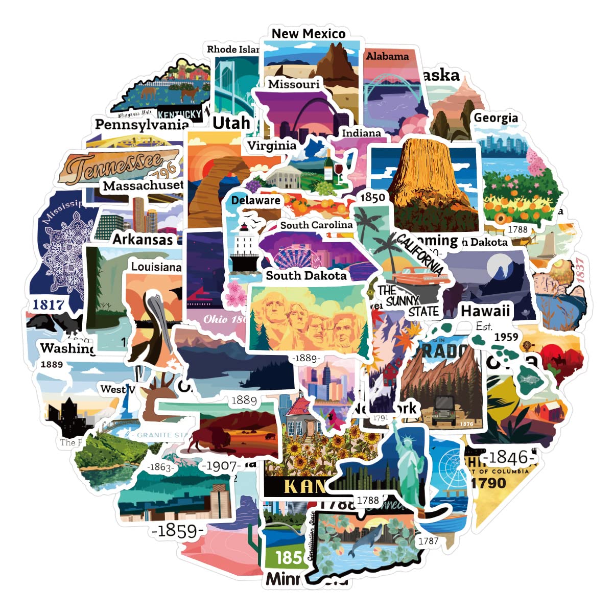 50Pcs USA Map Stickers - Waterproof Vinyl Decals for Water Bottles, Laptops, Phones & Scrapbooks | Fun Travel-Themed Stickers for Kids, Teens & Adults | Perfect for Travel Accessories, School Projects & DIY Crafts
