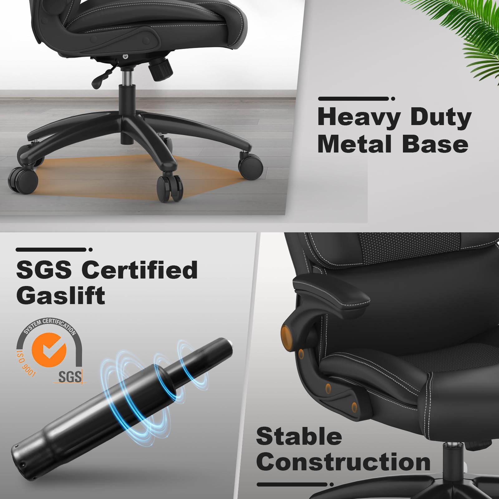 Ergonomic Big and Tall Office Chair - 500LBS Weight Capacity PU Leather Executive Chair with Adjustable Lumbar Support & Flip-Up Armrests - High Back Desk Chair for Home Office, Gaming, and Workspaces - Black