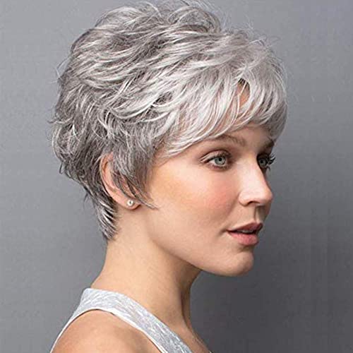 YEJGYG Short Grey Synthetic Pixie Cut Wig with Softly Swept Bangs - Natural Looking Gray Curly Wig for Cosplay, Halloween Costume & Daily Fashion