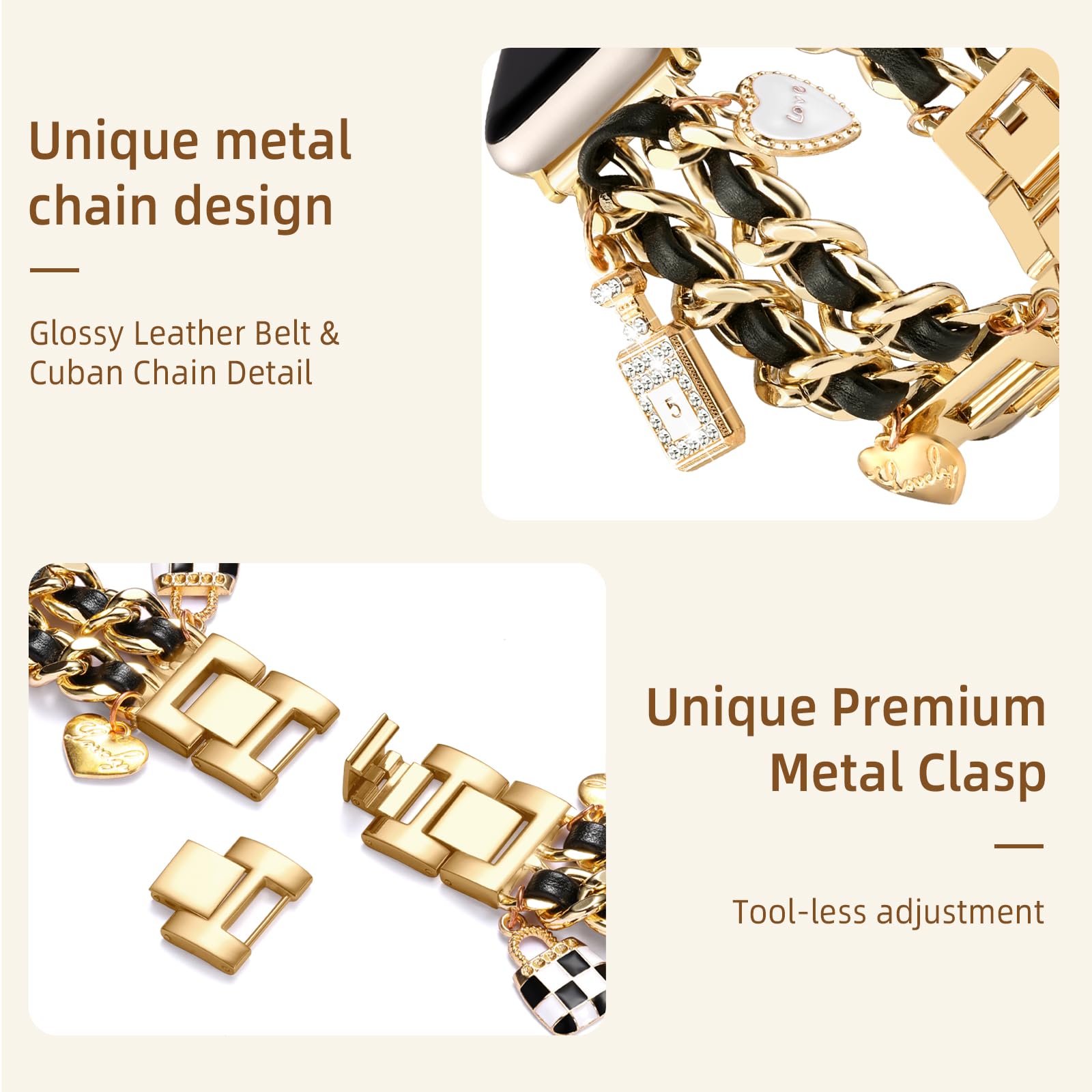 Elegant Stainless Steel Band for Apple Watch - Compatible with 38mm 40mm 41mm 42mm 44mm 45mm 46mm Models - Fashionable Chain Strap with Charms for Women - Perfect for iWatch Series 10/9/8/7/6/5/4/3/2/1/SE - Ideal for Workouts, Office Wear & Special Occasions