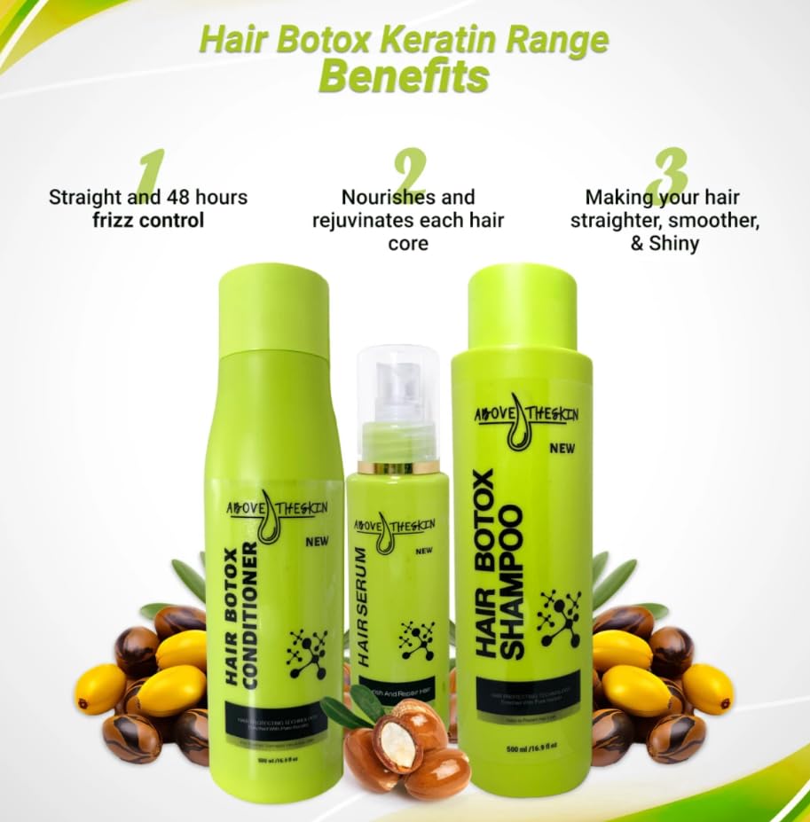 Professional Hair Botox Treatment Set (Shampoo, Conditioner, Serum) - Keratin Infused Anti-Frizz Hydrating System for Dry, Damaged Hair - Daily Use Hair Care Kit by UK Experts - Perfect for Salon-Quality Smoothing at Home