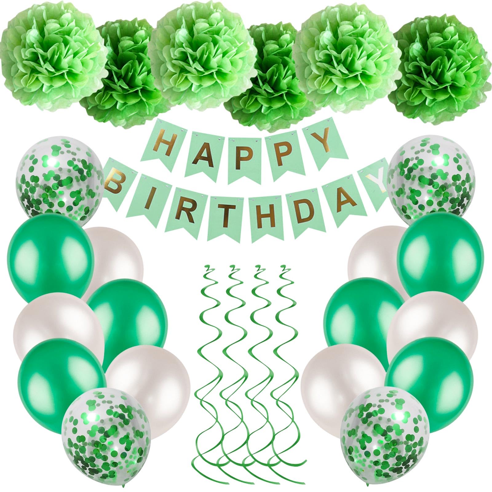 Green Birthday Party Decorations Kit - Happy Birthday Banner, Spiral Charm, Paper Flower Ball, Latex & Confetti Balloons for Girls & Boys Birthday Party Supplies | Perfect for Indoor/Outdoor Birthday Celebrations, Baby Showers & Special Events