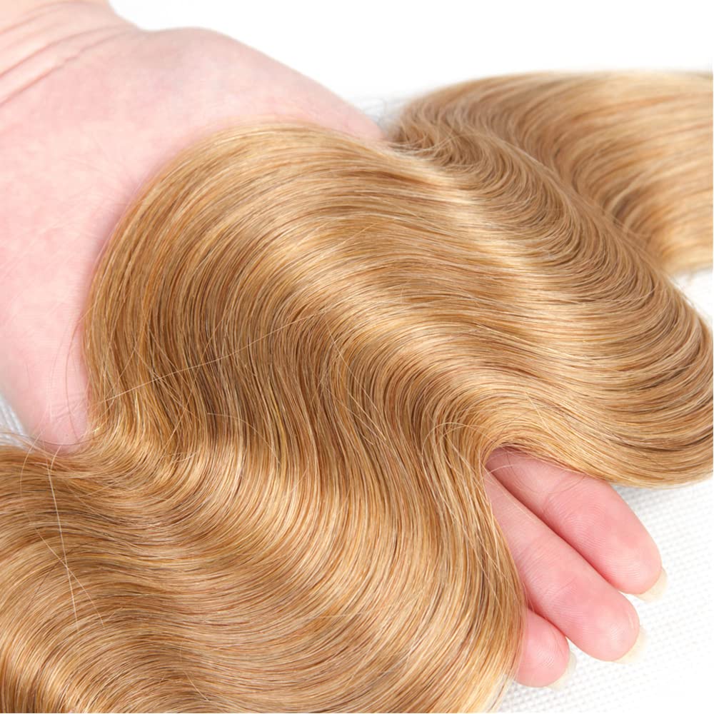 8A Grade Honey Blonde Body Wave Human Hair Weave Extensions - 14/16/18 Inch Ombre Two Tone Brown & Blonde Bundles (T4/27) | Perfect for Daily Styling, Parties & Special Occasions