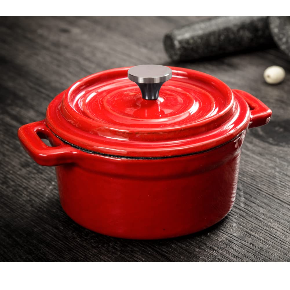 HAWOK 9.13oz Enameled Cast Iron Mini Dutch Oven with Lid - Set of 2 Red Mini Cocotte Sauce Pans (270ml/1.08cups) - Perfect for Baking, Serving & Individual Portions