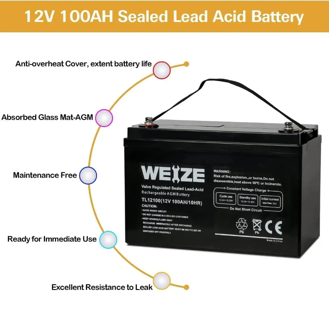 WEIZE 12V 100Ah Deep Cycle AGM Battery - Group Size 31 SLA Battery for RV, Marine, Solar & Off-Grid Power Systems - Maintenance-Free & Long-Lasting Performance