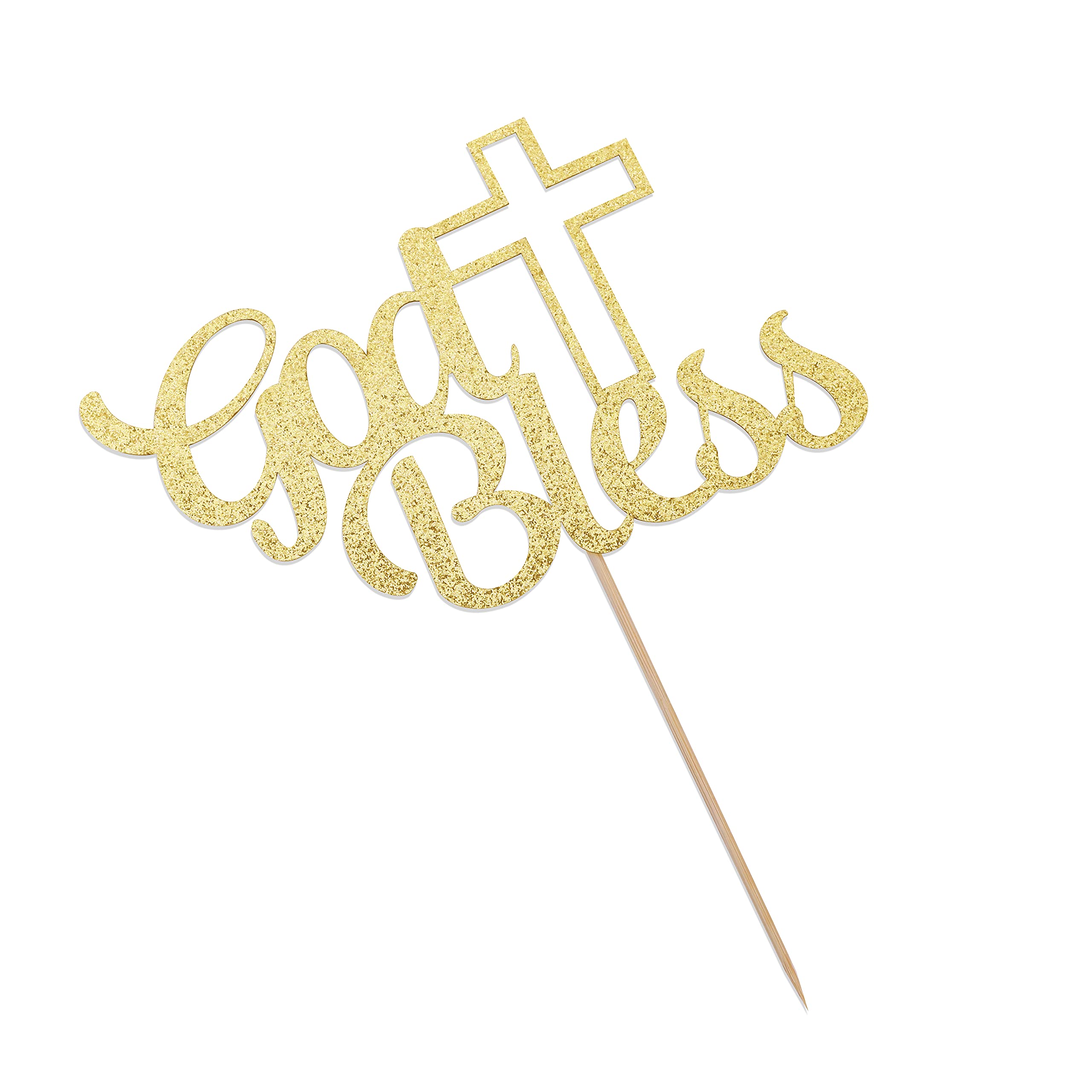 Golden Glitter God Bless Cake Topper - Baptism & First Communion Cake Decorations for Boys & Girls, Religious Cake Topper with Custom Name, Golden Glitter Cake Decor Supplies - Perfect for Baptism, Christening, First Holy Communion & Religious Celebrations