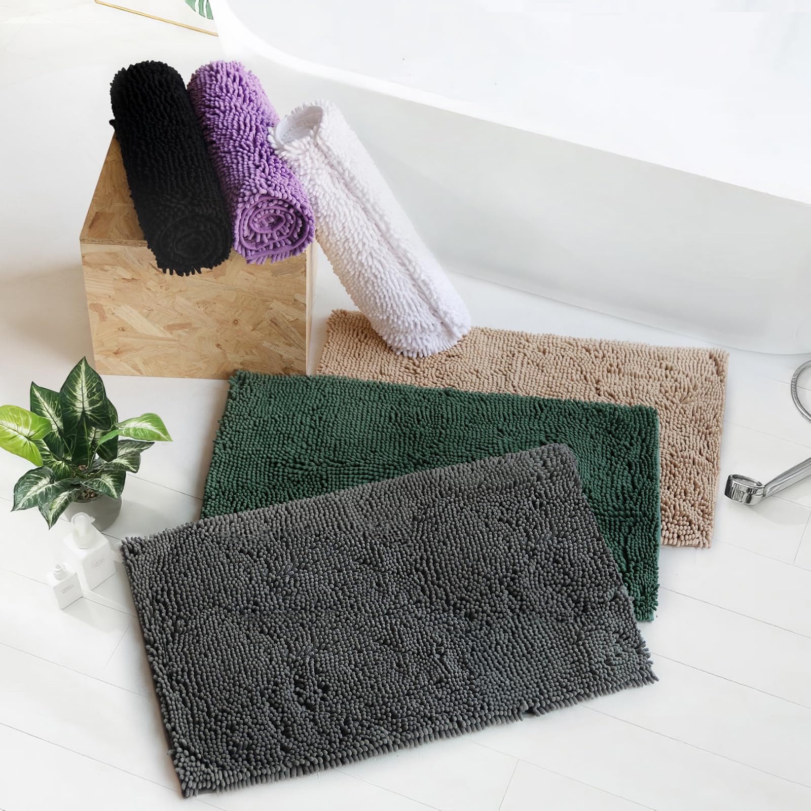 **TECHMILLY Soft Fluffy Chenille Bathroom Rugs - Non-Slip Absorbent Bath Mats for Bathroom, Washable & Quick Dry, Black, 17