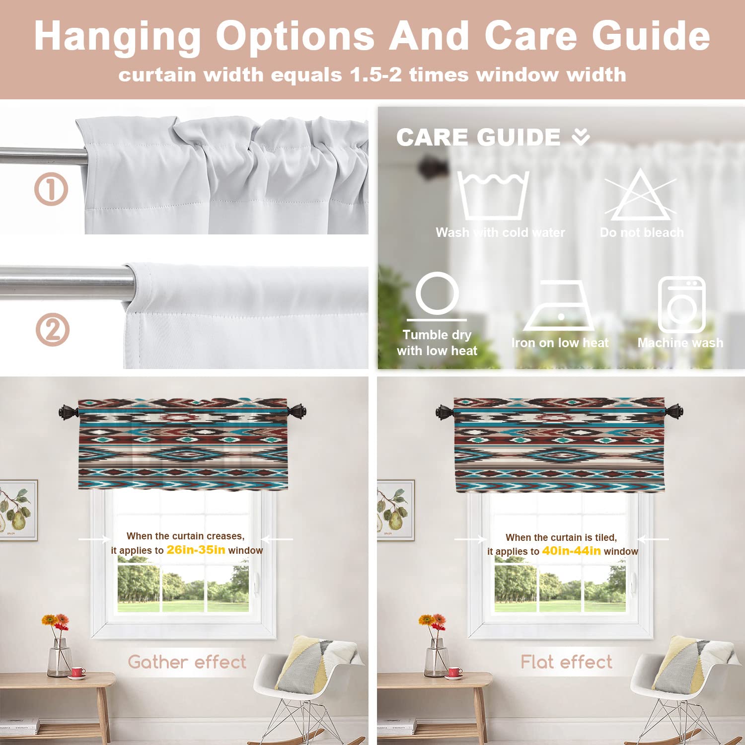 Shrahala Aztec Print Kitchen Valance - 52x18 Inch Native American Pattern Window Curtain in Pink & Green | Perfect for Southwestern Decor, Farmhouse Kitchens & Boho Home Styling