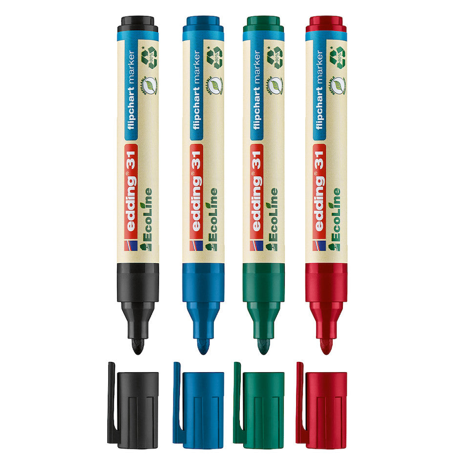 edding EcoLine 31 Flipchart Markers - Set of 4 Non-Toxic, Water-Based Markers for Whiteboards & Flip Charts - Perfect for Office Meetings, Classroom Presentations & Creative Brainstorming Sessions