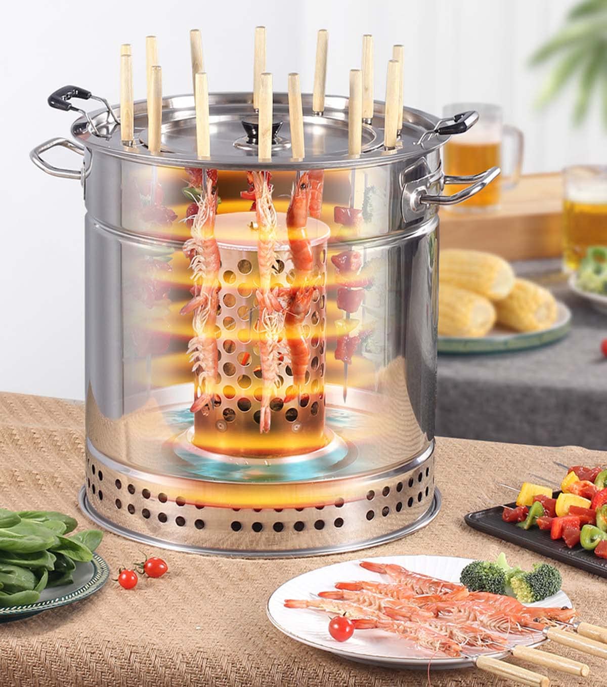 Portable Vertical Charcoal Smoker Grill - 28 Skewers Included - Outdoor & Indoor BBQ Grill for Camping, Backyard, Tailgating - Smokeless Barrel Grill for Perfect Ribs, Chicken & Vegetables