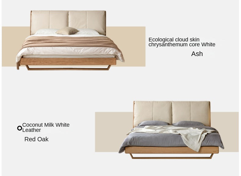 Italian Light Luxury Solid Wood Bed in Oak & Ash with Genuine Leather Upholstery - Perfect for Master Bedrooms, Guest Rooms & Modern Home Decor