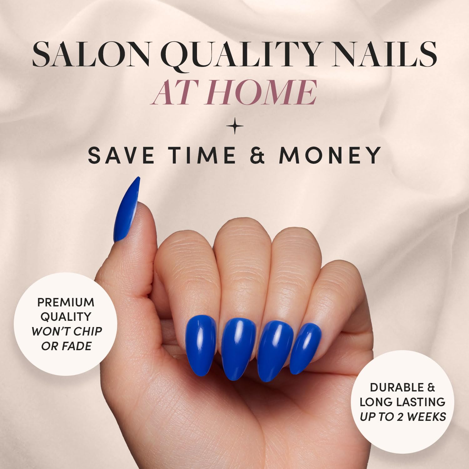 Glamnetic Press On Nails - Cobalt Blue Short Almond Fake Nails | Reusable 30-Piece Kit with 15 Sizes | Opaque Vibrant Blue Artificial Nails for Parties, Weddings & Everyday Wear