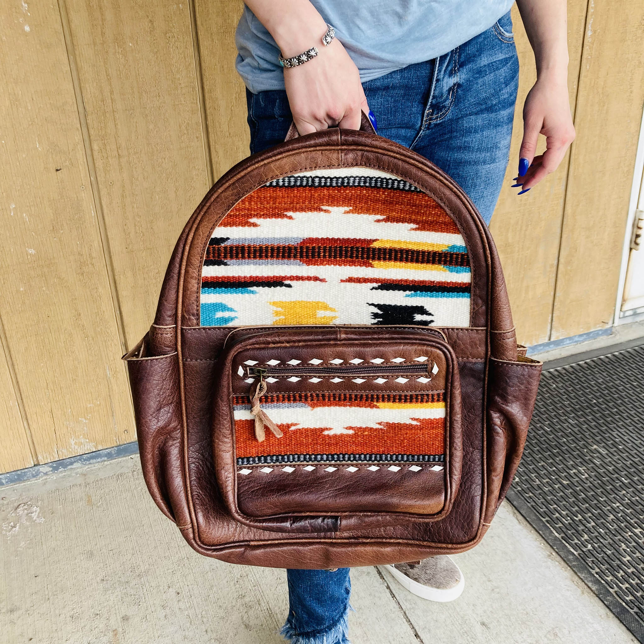 American Darling Genuine Leather Aztec Print Blanket Backpack - Stylish & Durable for Travel, Camping, and Outdoor Adventures