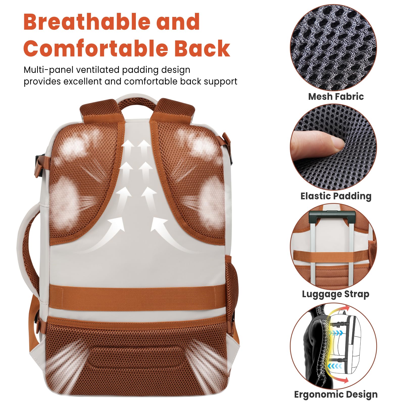 BAGAIL Travel Laptop Backpack with USB Charging Port - Waterproof Carry-On Backpack for Business, College & Airplane Travel - Perfect for Commuting, Work & Weekend Getaways (Beige)