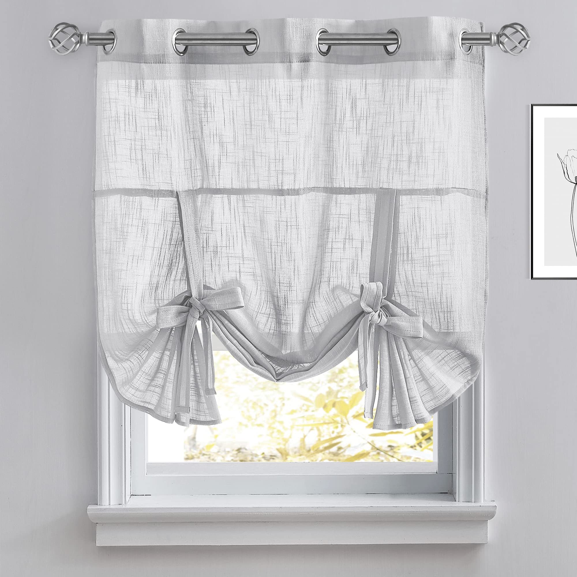 PONY DANCE Light Filtering Sheer Bathroom Curtains - Adjustable Tie-Up Roman Shades for Small Windows (42