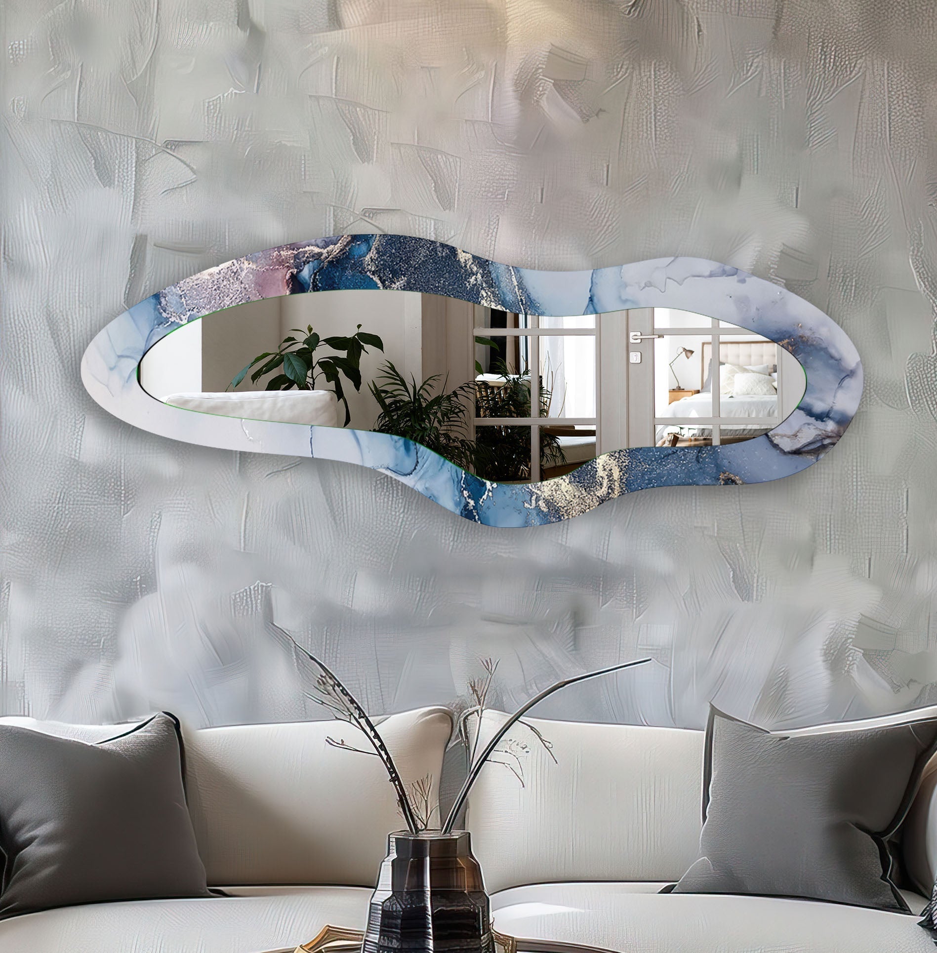 Blue Alcohol Ink Aesthetic Wall Mirror - Handmade Boho Decor for Bedroom, Living Room & Bathroom - Unique Home Wall Art for Modern Interior Design