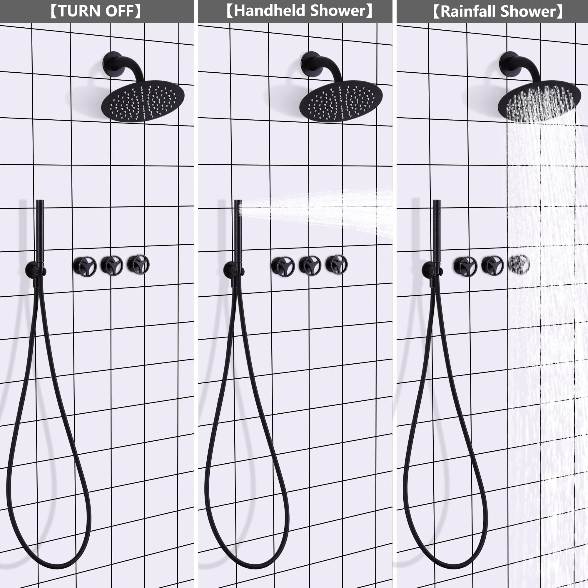 SKOWLL 10 Inch Black Rainfall Shower Faucet Set - 3 Handle Wall Mount Shower System with 2 Function Valve, Oil Rubbed Bronze Finish | Perfect for Modern Bathroom Renovation & Spa-Like Shower Experience