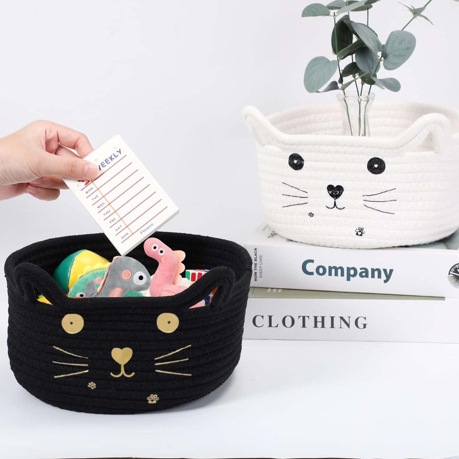 Kamuavni Woven Rope Storage Basket - Stylish Cat Toy Organizer, Nursery Baby Basket, Baby Shower Gift Basket - 8.3 x 4.7 Inches, Black - Perfect for Living Room Decor, Pet Toy Storage & Nursery Organization