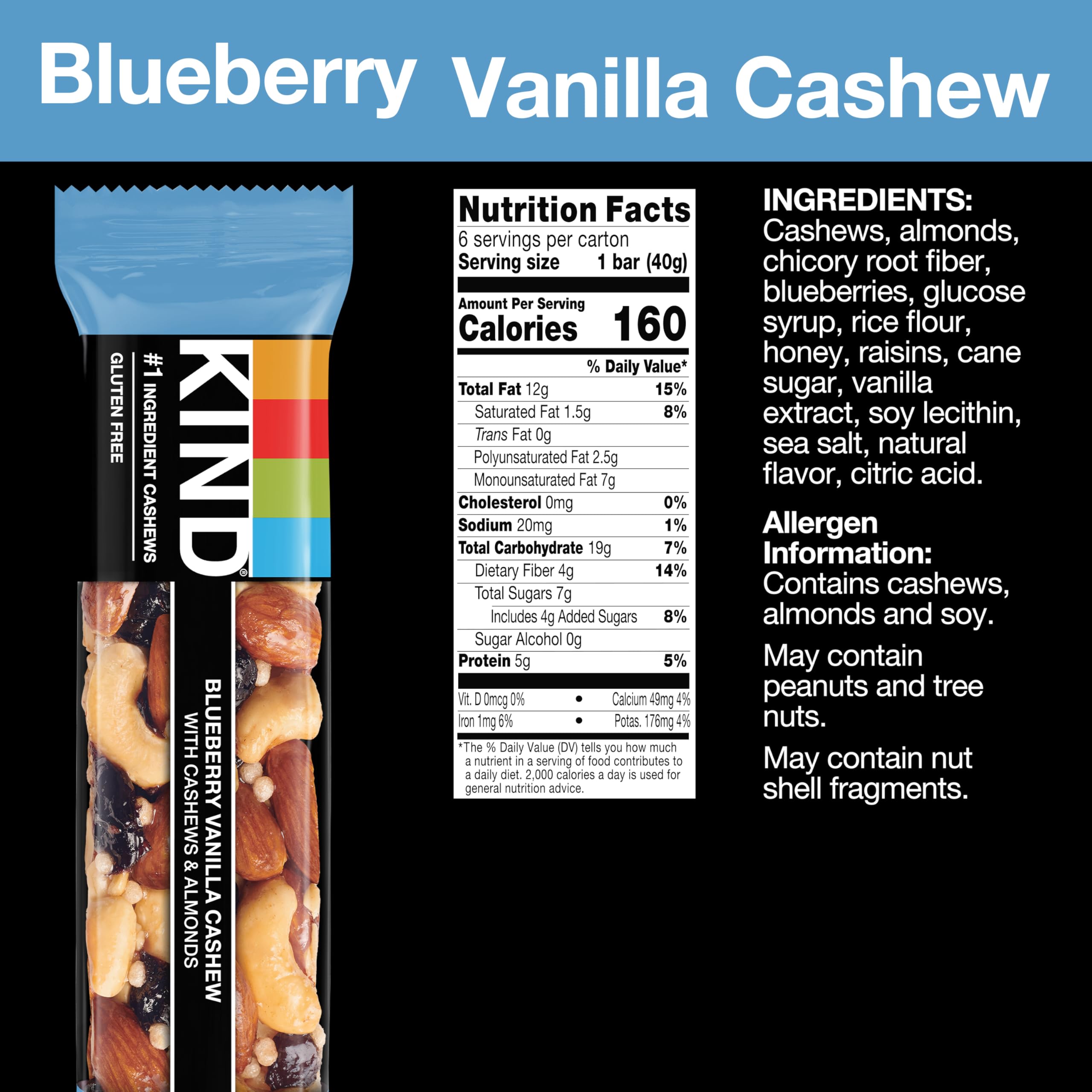 KIND Bars, Blueberry Vanilla Cashew - Healthy Gluten Free Snacks with 5g Protein (12 Count) | On-The-Go Breakfast, Workout Fuel & Office Snacks