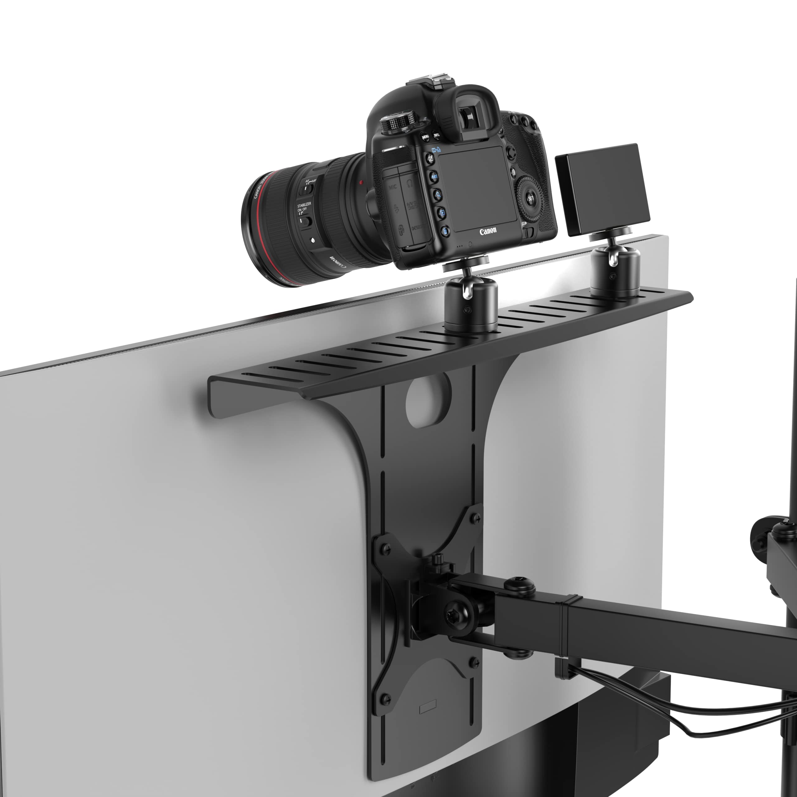 HumanCentric DSLR Monitor Mount - Adjustable VESA Arm Camera Shelf for Desk, Webcam & Microphone Stand - Heavy Duty Monitor Riser for Photography & Streaming Setup - Perfect for Home Office, Gaming & Video Production Workspace