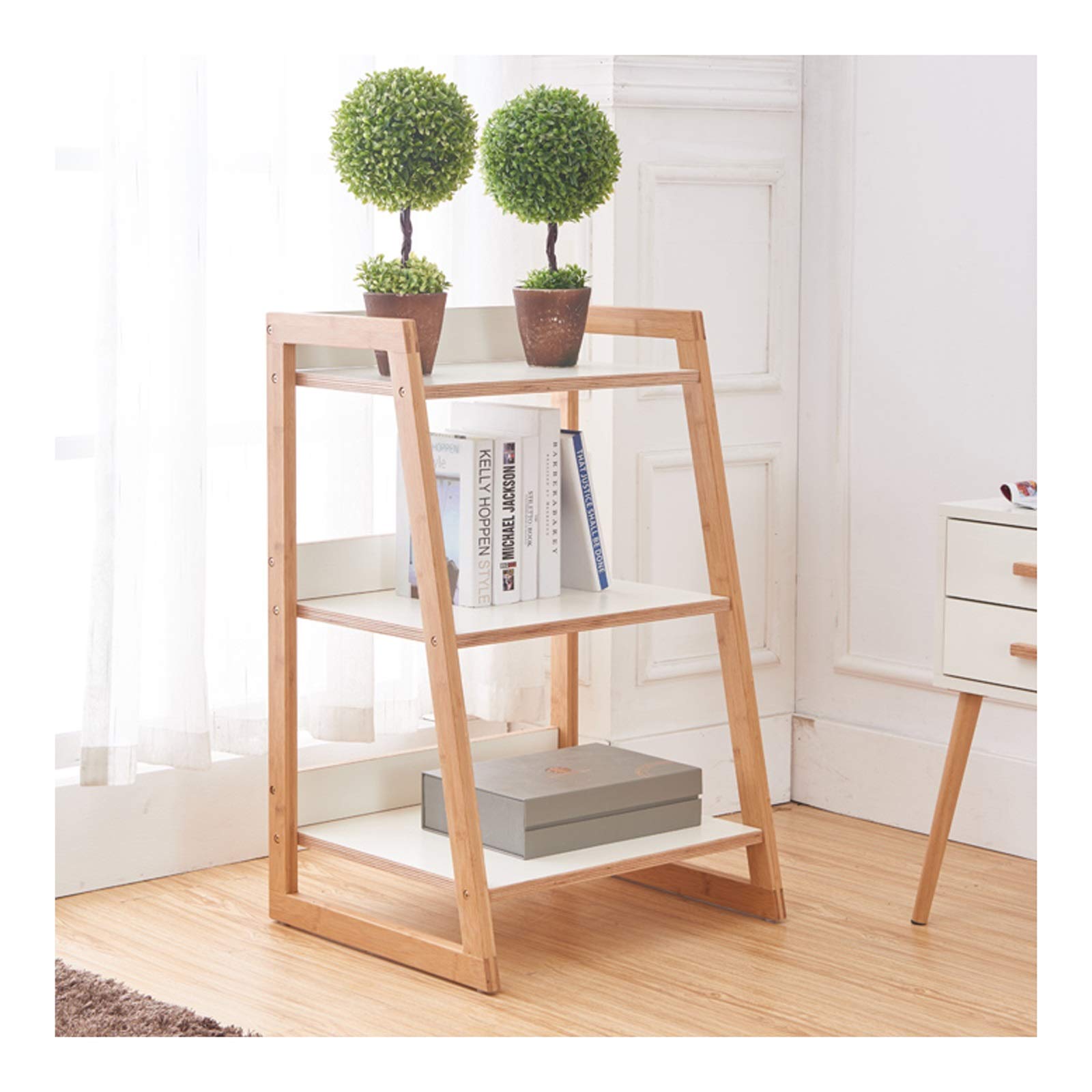3-Tier Bamboo Bookshelf - Natural Wood Storage Shelf for Books, Printer Stand, or Plant Display | Open Back Design (51cm×45cm×80.5cm, White) | Perfect for Home Office, Living Room & Bedroom Organization