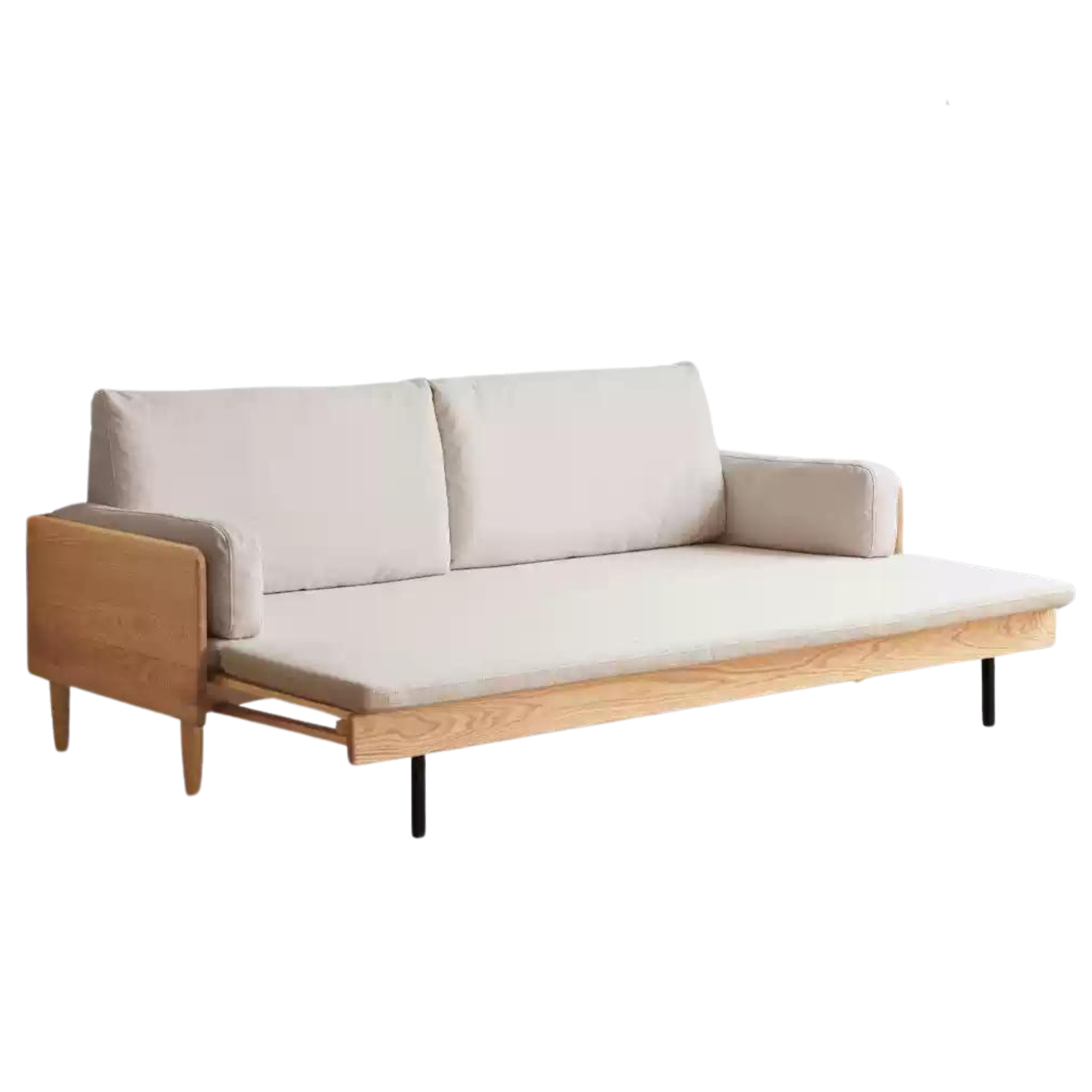 Oak Solid Wood Sofa Bed with Folding White Goose Feather Cushions - Convertible Sleeper for Small Spaces & Guest Rooms