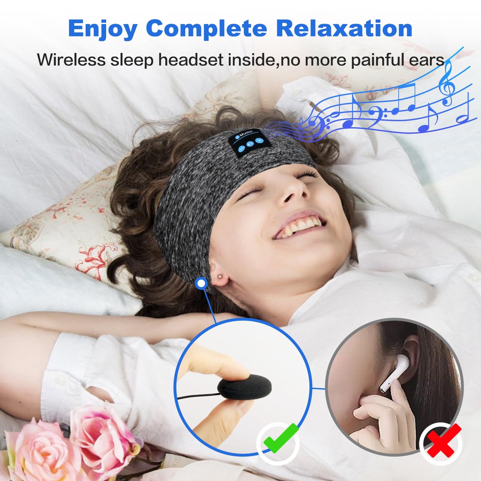 Wireless Bluetooth 5.2 Sleep Headphones Headband with Ultra-Thin HD Stereo Speakers - Comfortable Sports Headband for Sleeping, Workout, Jogging, Yoga, Meditation & Air Travel - Perfect for Night Use, Relaxation and Noise Cancellation