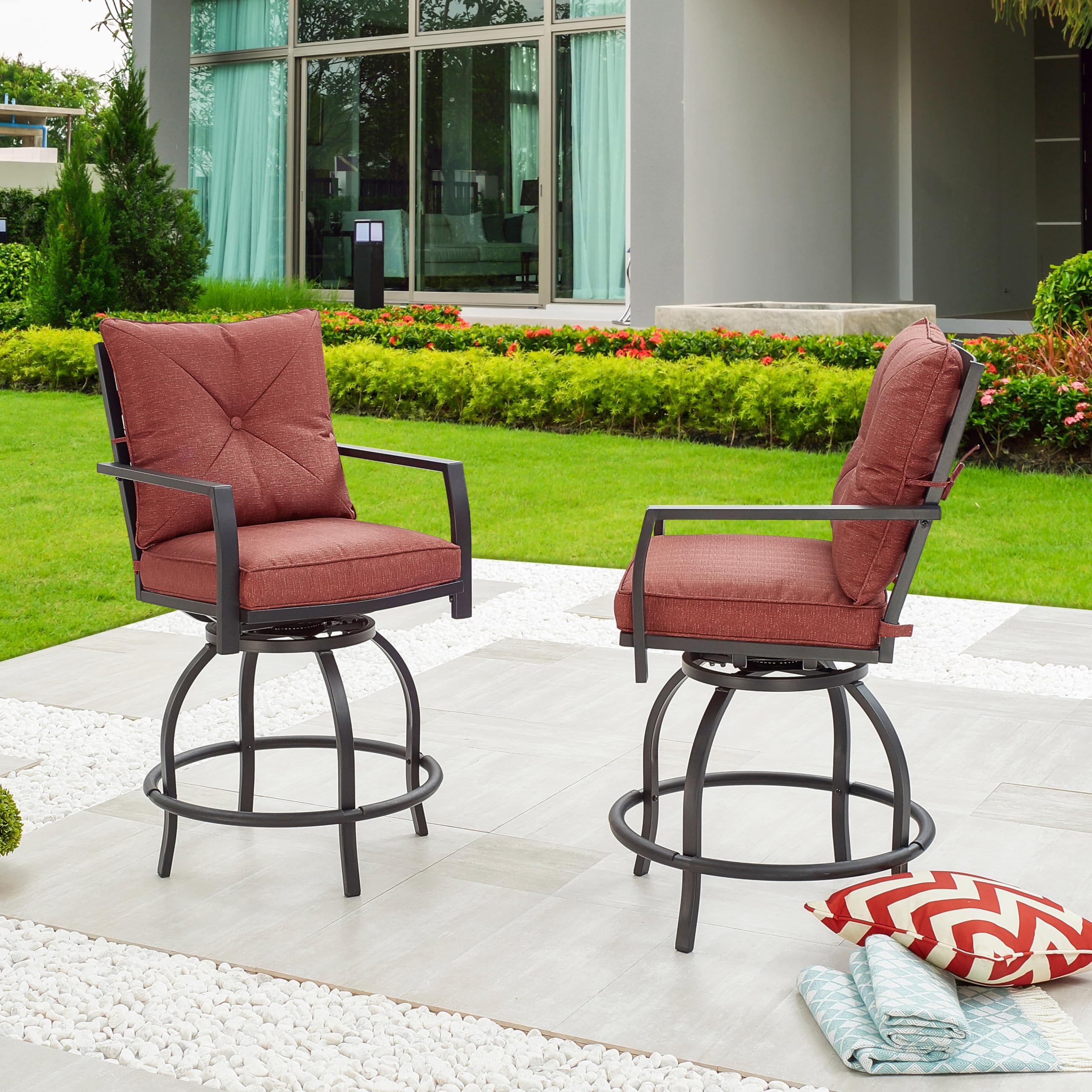 LOKATSE HOME 2-Pack Swivel Bar Stools for Patio, Outdoor, Kitchen & Bar - Adjustable Height, Durable & Comfortable - Perfect for Backyard, Deck, Poolside & Dining Areas (Red)