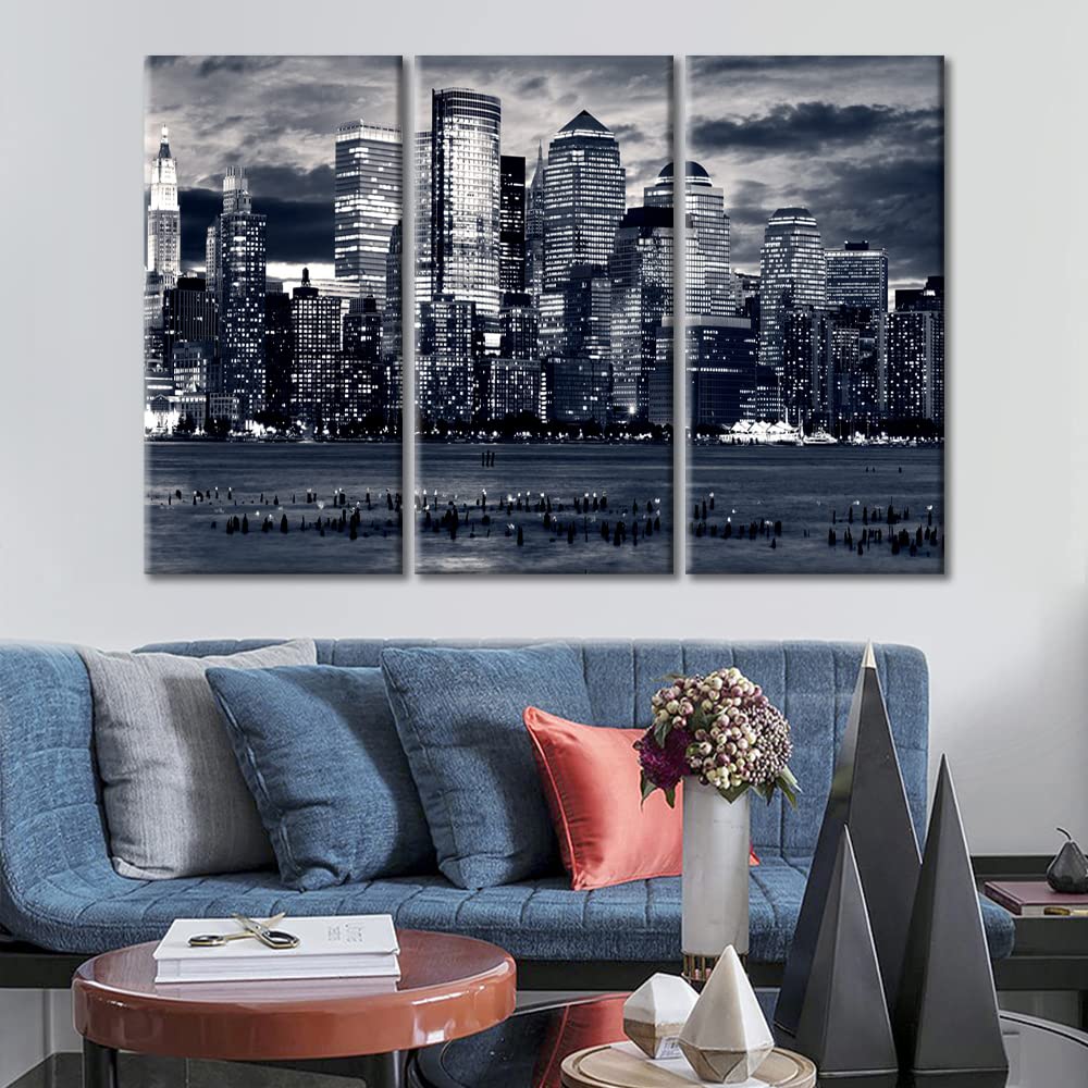 TUMOVO Manhattan Panorama Canvas Print - 36x24 Inch Black & White Skyscraper Wall Art, Modern Bedroom Decor, Above Bed Wall Hanging, Urban Cityscape Poster for Living Room & Office