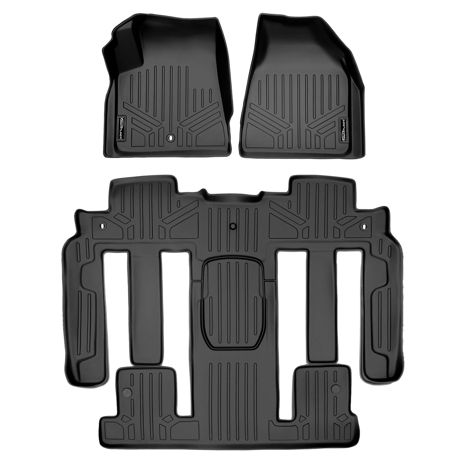 MAXLINER Custom Fit All-Weather Floor Mats 3 Row Set - Black - Compatible with Chevy Traverse, Buick Enclave, GMC Acadia, Saturn Outlook (2009-2017 Models with 2nd Row Bucket Seats) | Heavy Duty Protection for Mud, Snow & Spills | Perfect for Family Road Trips & Outdoor Adventures