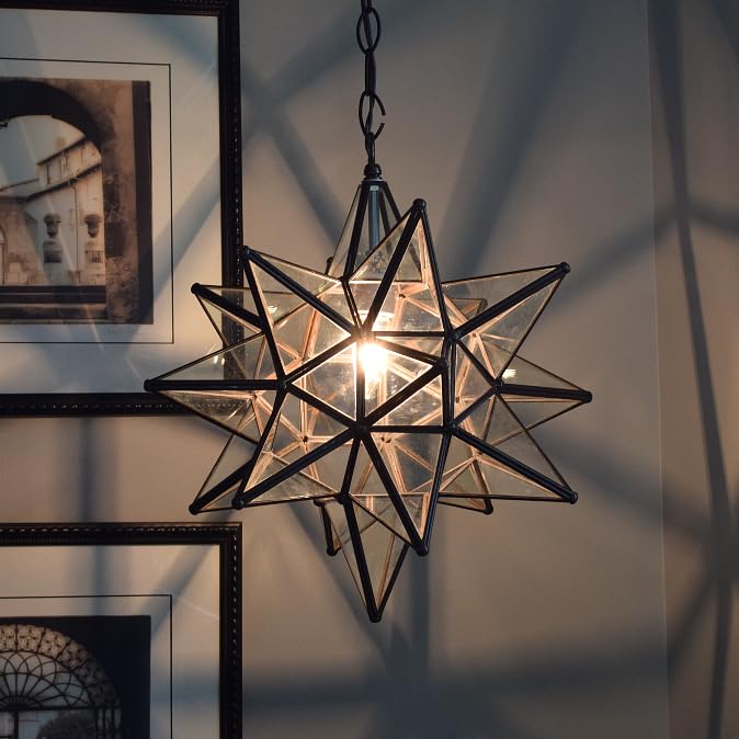 15 Inch Clear Glass Star Pendant Light - Modern Ceiling Lighting Fixture for Bedroom, Nursery, Living Room & Home Decor