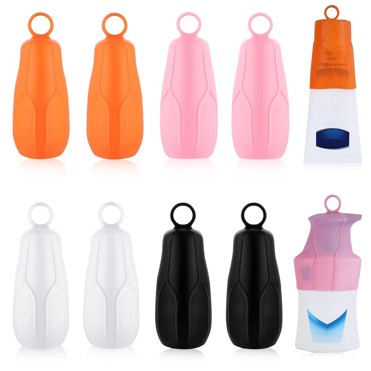MAYCREATE® 8 Pack Silicone Elastic Sleeves for Travel Bottles - Leakproof Toiletry Bottle Covers with Loop Handle - Reusable Travel Accessories for Shampoo, Conditioner & Cosmetics (Perfect for Airplane Carry-on & Vacation Essentials)