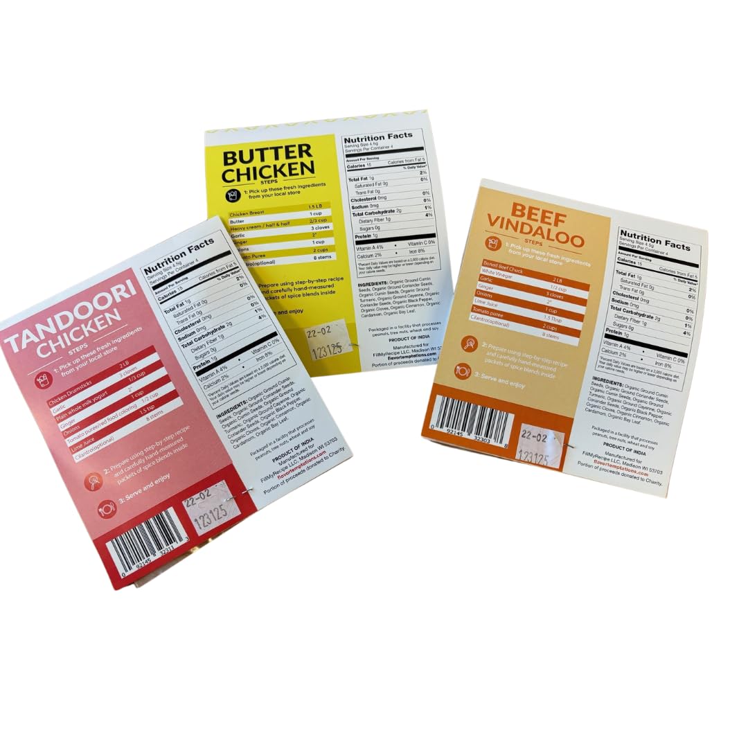 Authentic Indian Spice Kits - Butter Chicken Makhani, Tandoori Chicken & Beef Vindaloo | Organic Gluten-Free No Sodium Spice Mix | Easy Home Cooking | Perfect for Dinner Parties, Meal Prep & Indian Cuisine Lovers