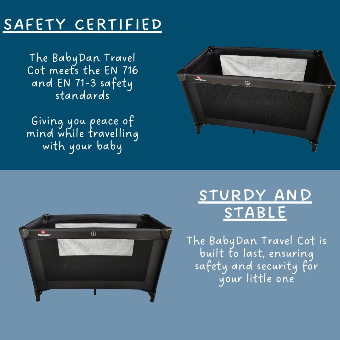 BabyDan Extra Large Travel Cot 60cm x 120cm - Portable Baby Bed for Travel & Home Use - Black