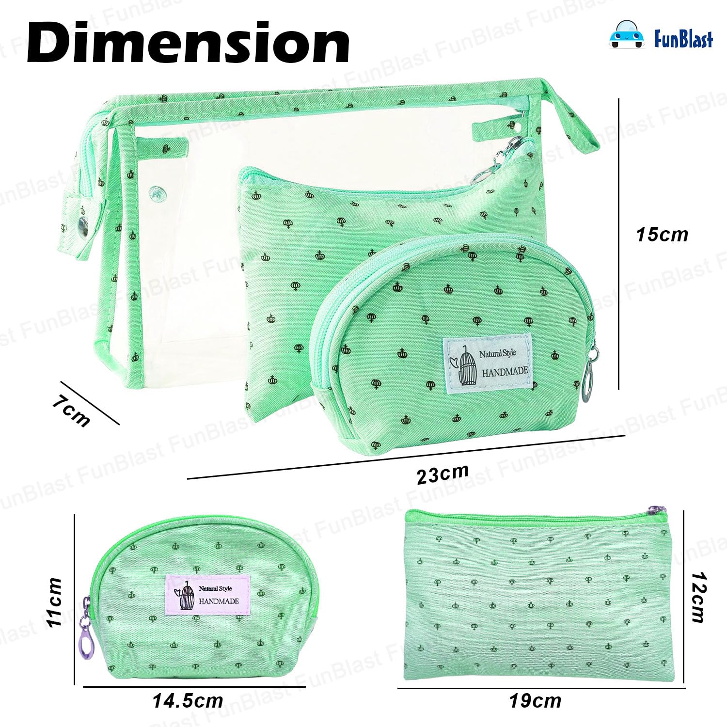 FunBlast 3-Pack Waterproof Cosmetic Makeup Bags for Women - Zippered Travel Toiletry Organizer, Portable Vanity Pouch for Makeup Brushes, Jewelry & Essentials - Perfect for Travel, Gym, Beach & Daily Use (Green)