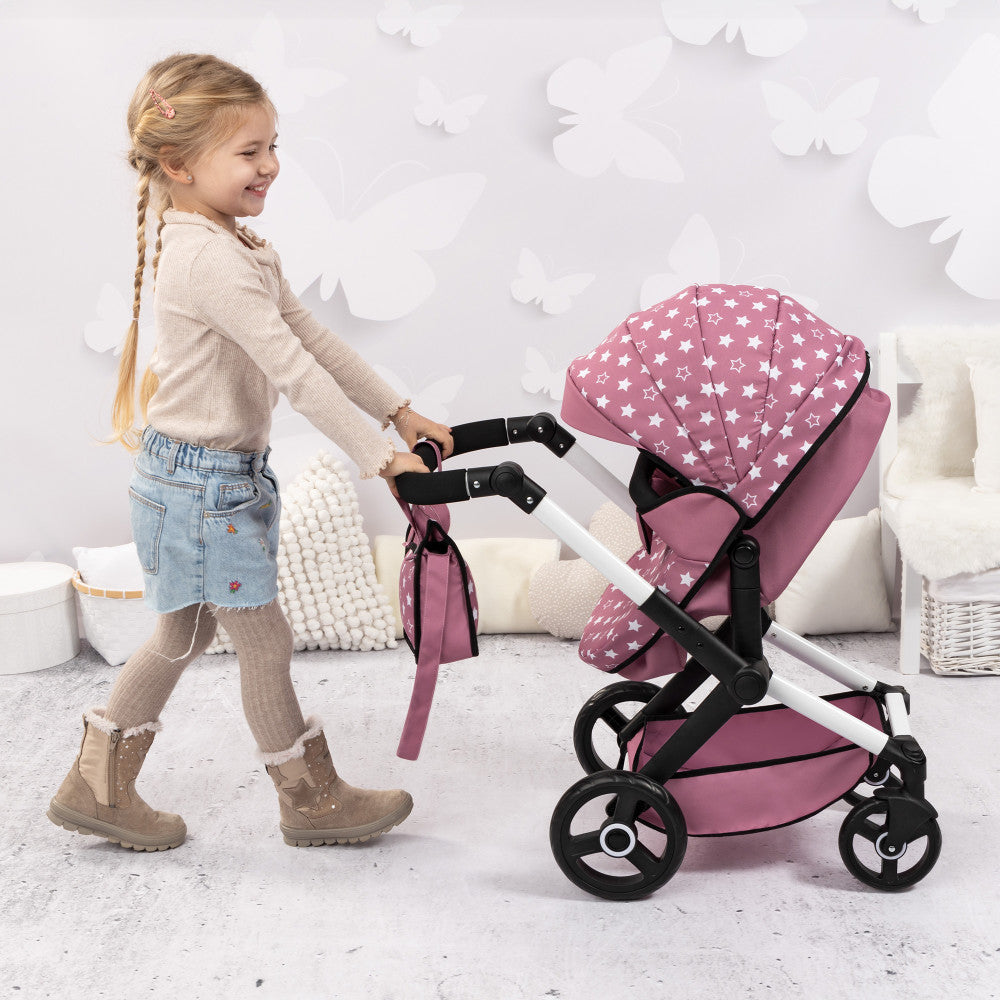 Bayer Design Xeo Doll Pram Playset - Pink & White with Star Pattern | Perfect for Pretend Play, Doll Accessories & Kids' Role Playing Games