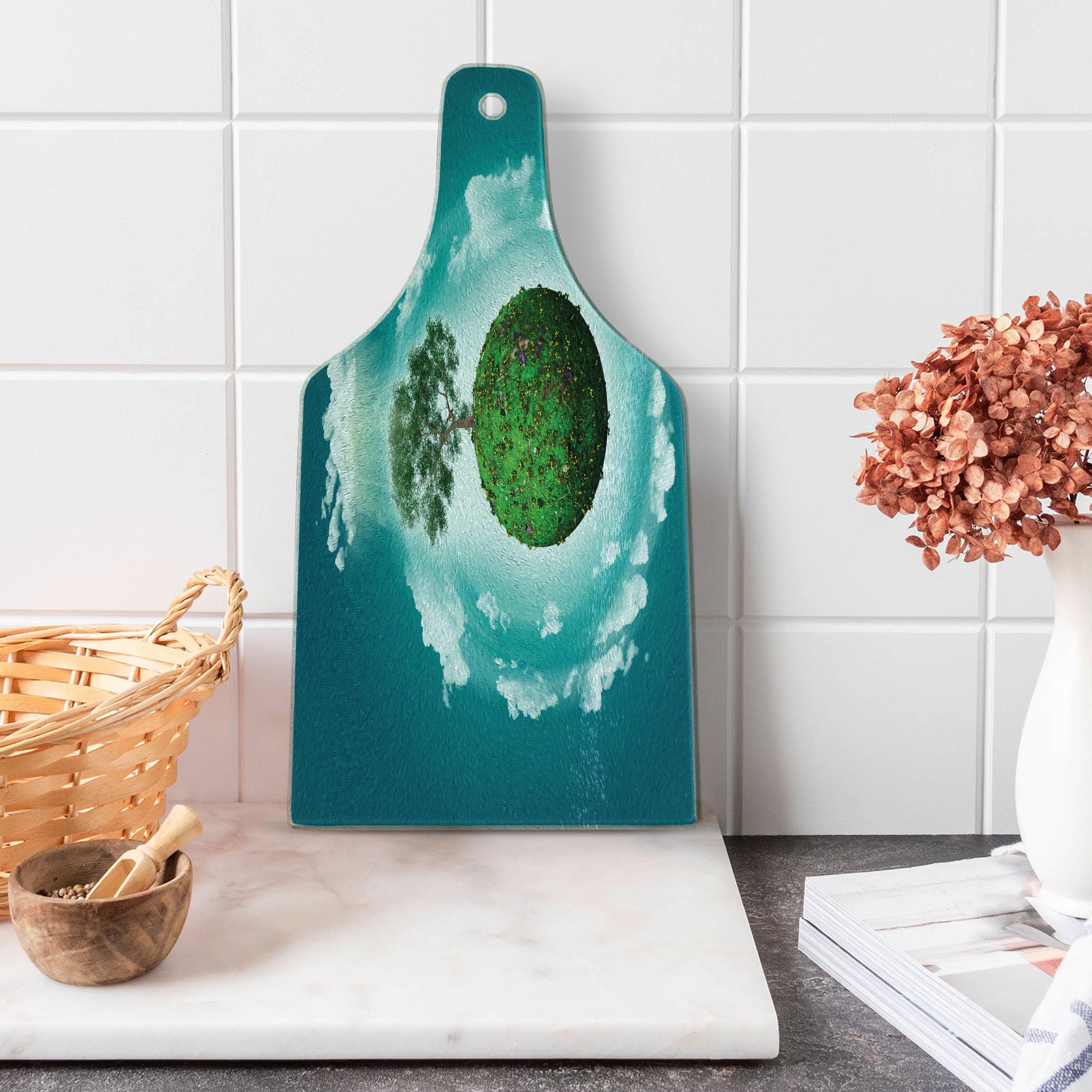 Ambesonne Tree of Life Tempered Glass Cutting Board - Artistic Wine Bottle Shaped Serving Board with Grassy Globe & Plant Clouds Design - Perfect for Kitchen Use, Charcuterie Platter & Home Decor (Green, Blue, White)