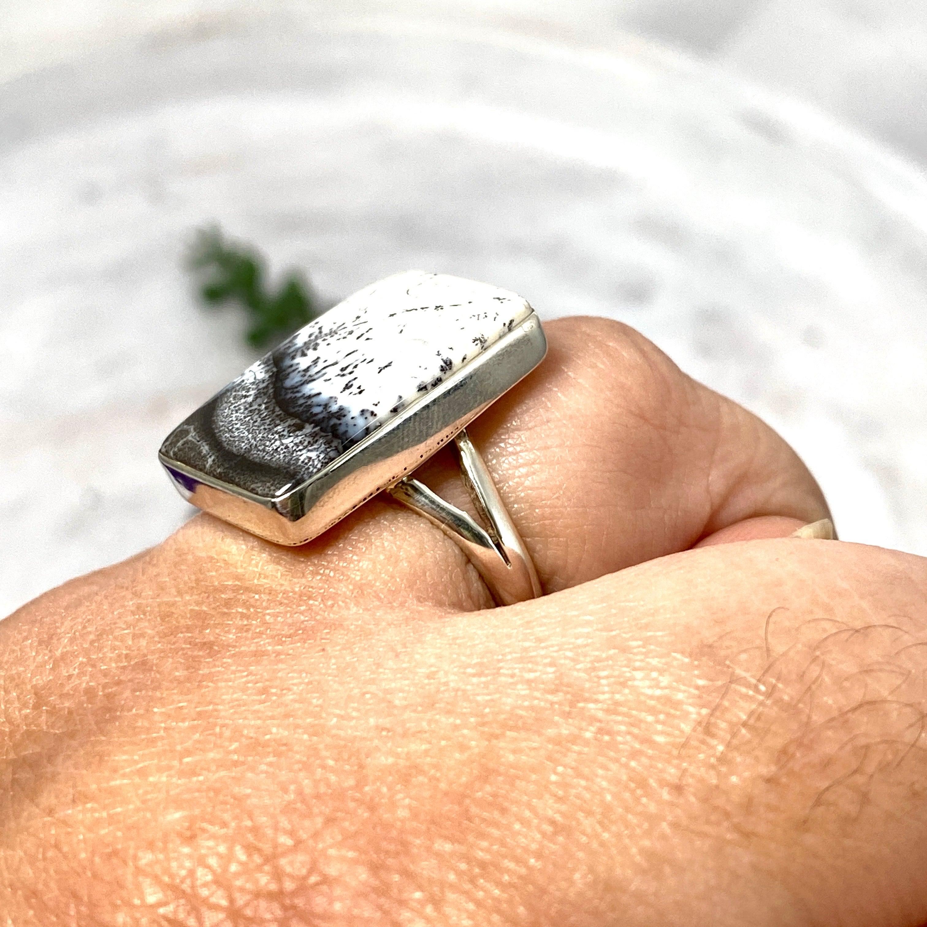 Dendritic Opal Rectangular Ring for Women - Size 10 - KRGJ2294 - Elegant Silver Jewelry for Everyday Wear, Special Occasions & Gift Giving