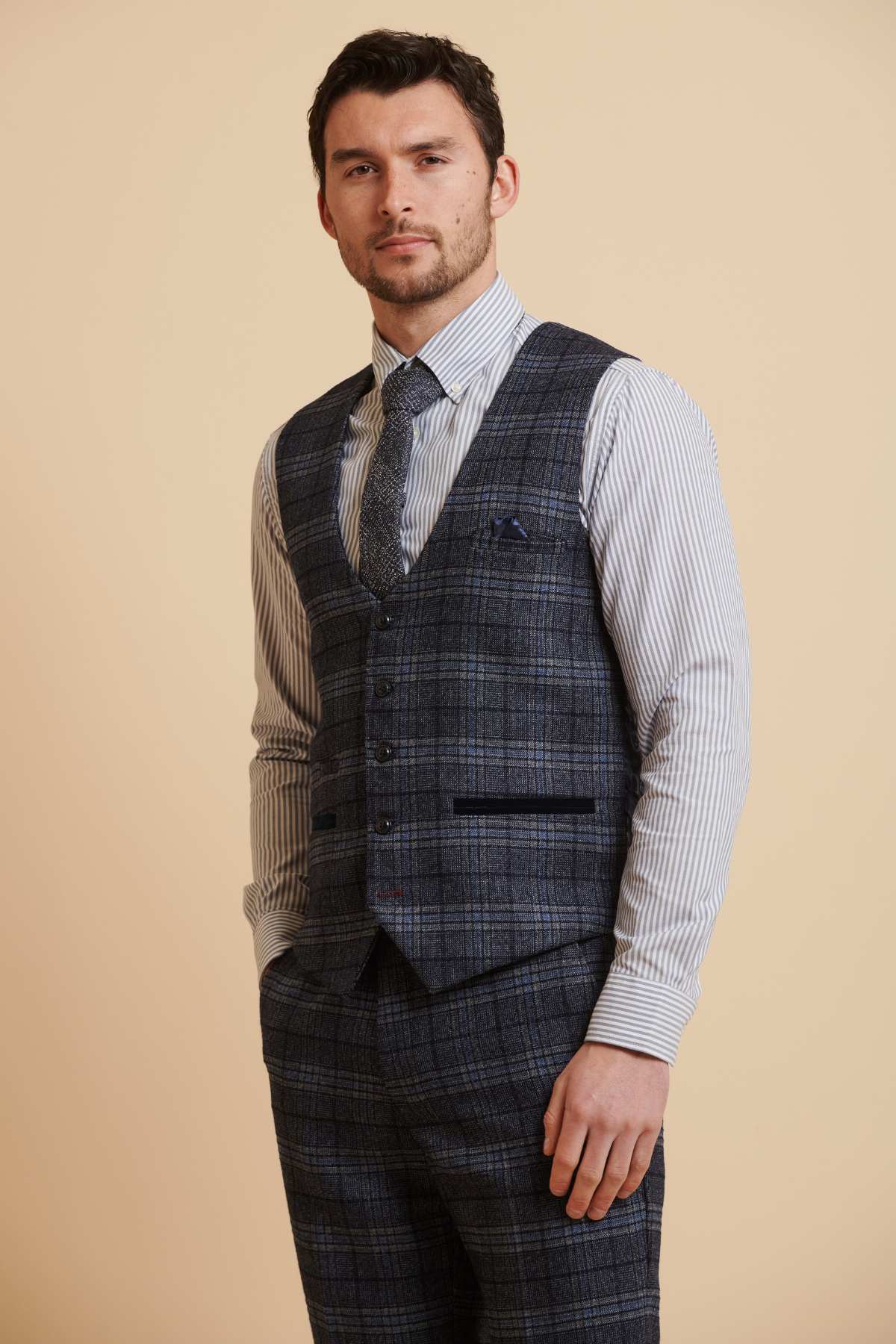 Blue Checkered Single Breasted Waistcoat for Men - Stylish Formal Vest for Weddings, Business & Office Wear