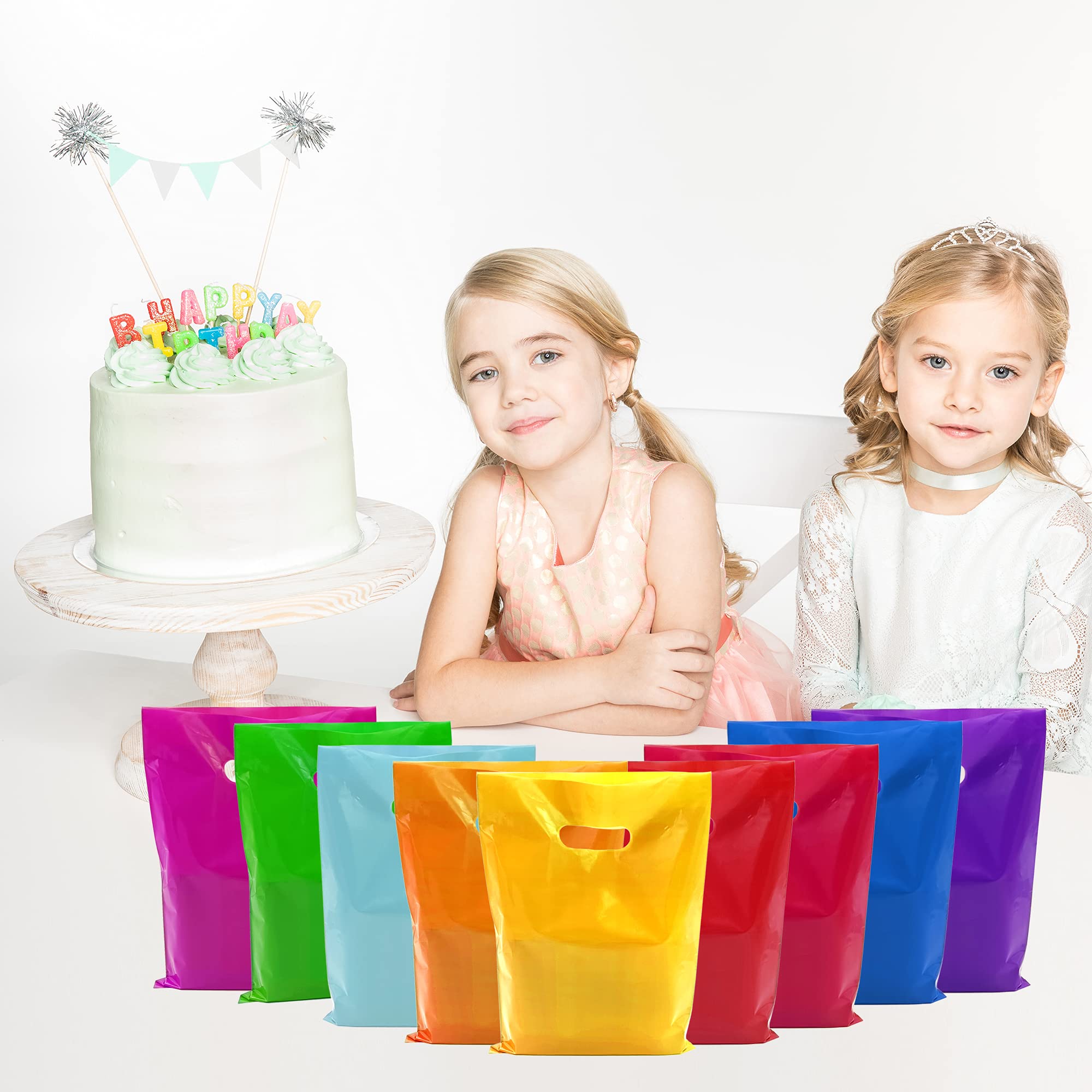 54PCS Plastic Handle Party Favor Bags - Colorful Gift Bags for Birthday, Halloween, Christmas, Thanksgiving - Perfect for Candy, Cookies & Desserts - Retail & Bulk Packaging