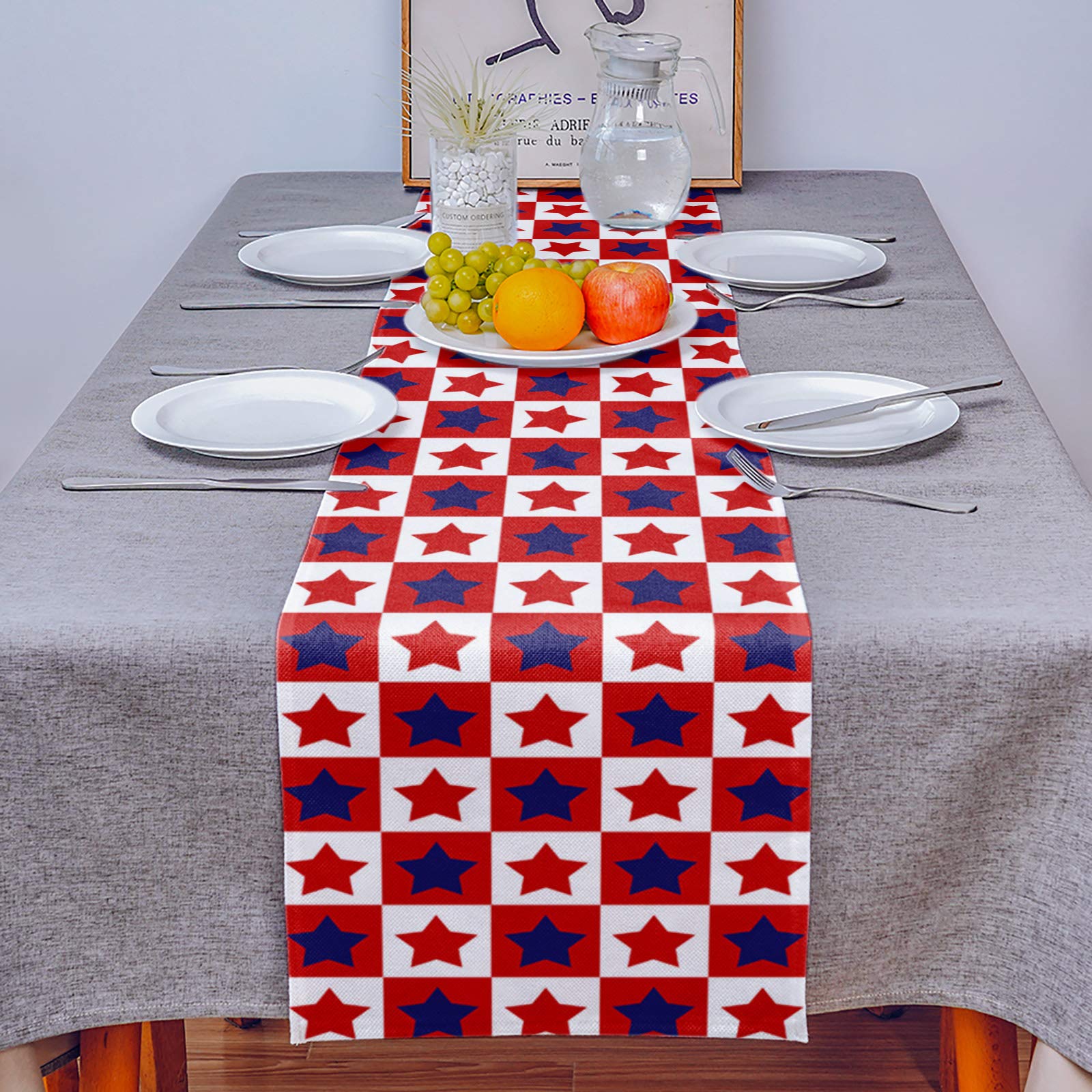 Patriotic Burlap Linen Table Runner 120 Inch - Red White Blue Buffalo Check Plaid Farmhouse Decor for Kitchen Dining Coffee Table | Perfect for 4th of July, Memorial Day Parties & Rustic Home Decor