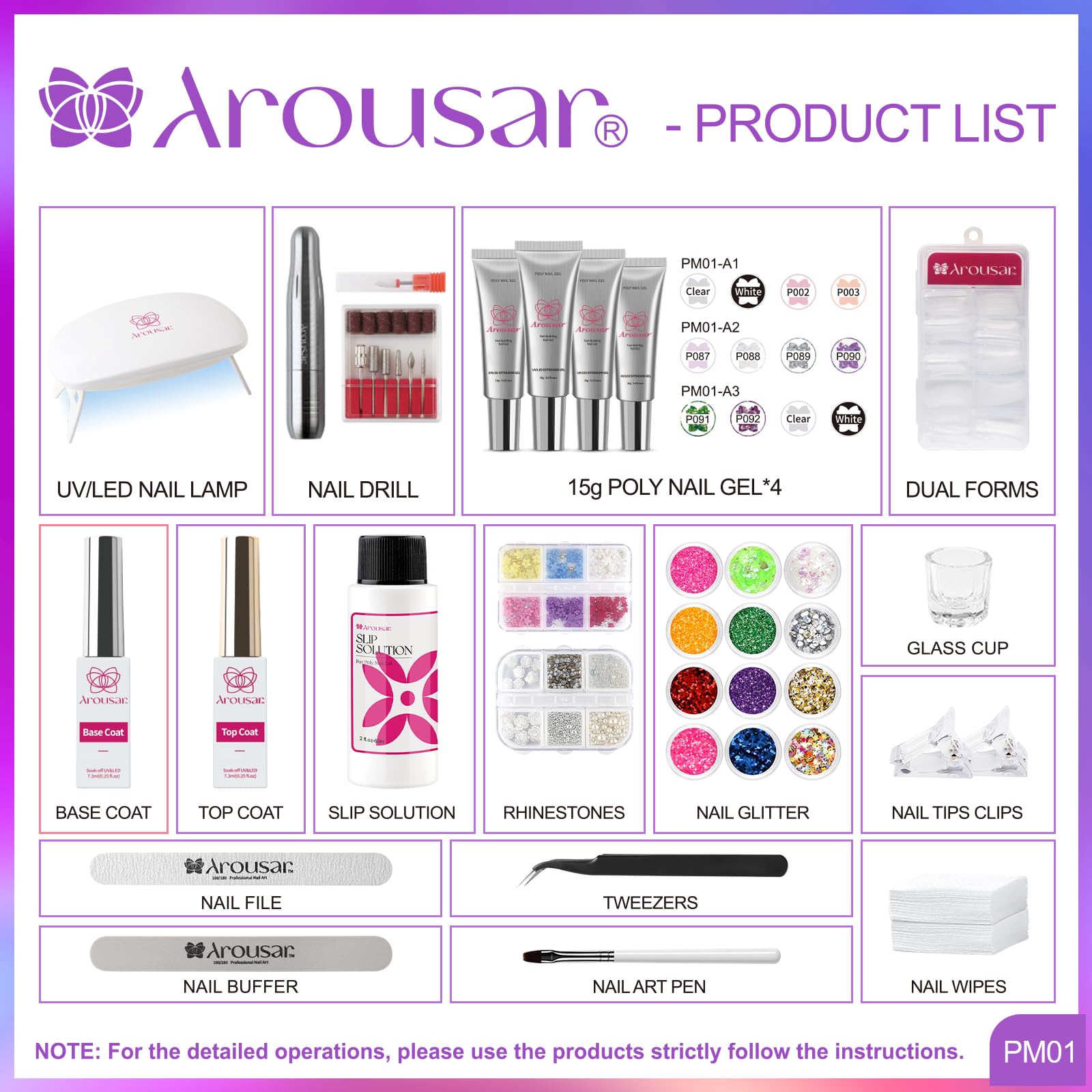 Arousar Nail Extension Gel Kit - 15ml x 4 Bottles (Sparkling Silver) with Anti-Slip Base & Top Coat, UV/LED Lamp & Nail Drill for Salon & DIY Manicure - Perfect for Beginners & Professionals | At-Home Nails, Salon Services, Party Glam Looks