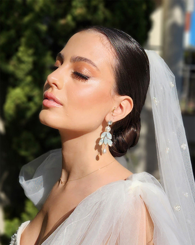 Elegant White Opal and Pearl Bridal Earrings for Weddings | Statement Jewelry by Kezani Anais – Perfect for Bridal Showers, Ceremonies & Special Occasions